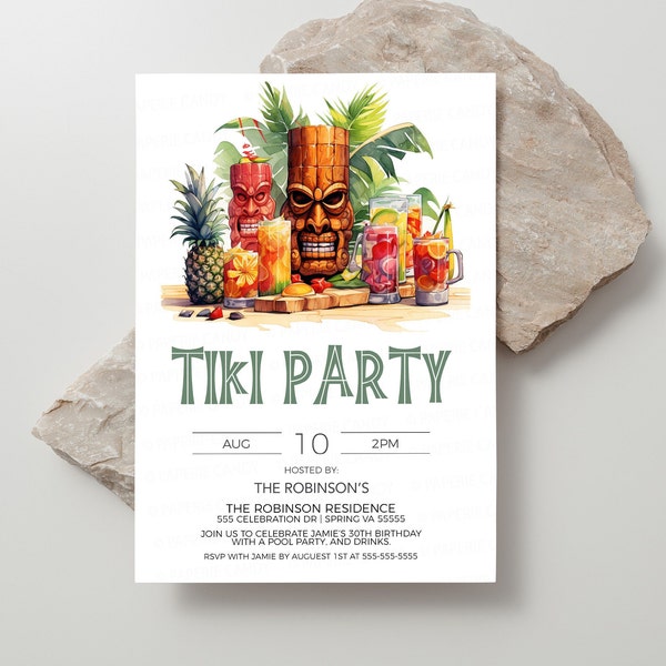 Tiki Invitation, Tiki Party Invite, Hawaiian Party, Tropical Luau Party, Tiki Retirement Birthday Party, Editable Printable Template