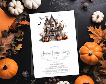 May include: A white invitation card with a watercolor illustration of a spooky haunted house with bats flying around it. The text on the card reads "Join us for a Haunted House Party" with the date and time of the party. The card is surrounded by fall leaves and pumpkins.