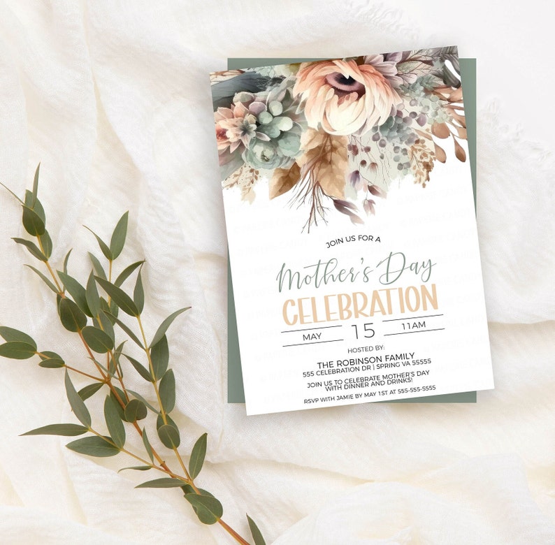 May include: A Mother's Day celebration invitation featuring a watercolour floral design in shades of blue, green, and beige. The invitation includes the text "Join us for a Mother's Day Celebration" with the date and time of the event. The text "Hosted by: The Robinson Family" is also included.