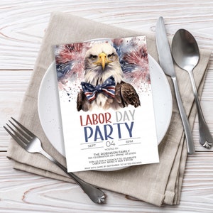 May include: Invitation to a Labor Day party hosted by the Robinson family. The invitation features a watercolor illustration of a bald eagle wearing a bow tie with red, white, and blue colors. The text on the invitation reads "Labor Day Party" with the date and time of the party.