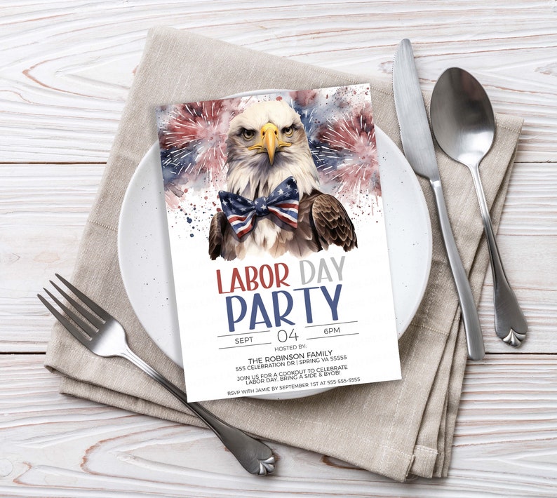 May include: Invitation to a Labor Day party hosted by the Robinson family. The invitation features a watercolor illustration of a bald eagle wearing a bow tie with red, white, and blue colors. The text on the invitation reads "Labor Day Party" with the date and time of the party.