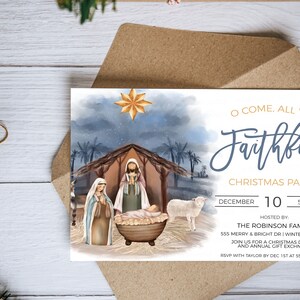 Può includere: Un invito a una festa di Natale con un'illustrazione ad acquerello della scena della Natività. Il testo recita "O Come, All Ye Faithful Christmas Party" con la data e l'ora della festa. L'invito include anche il nome e l'indirizzo dell'ospite.