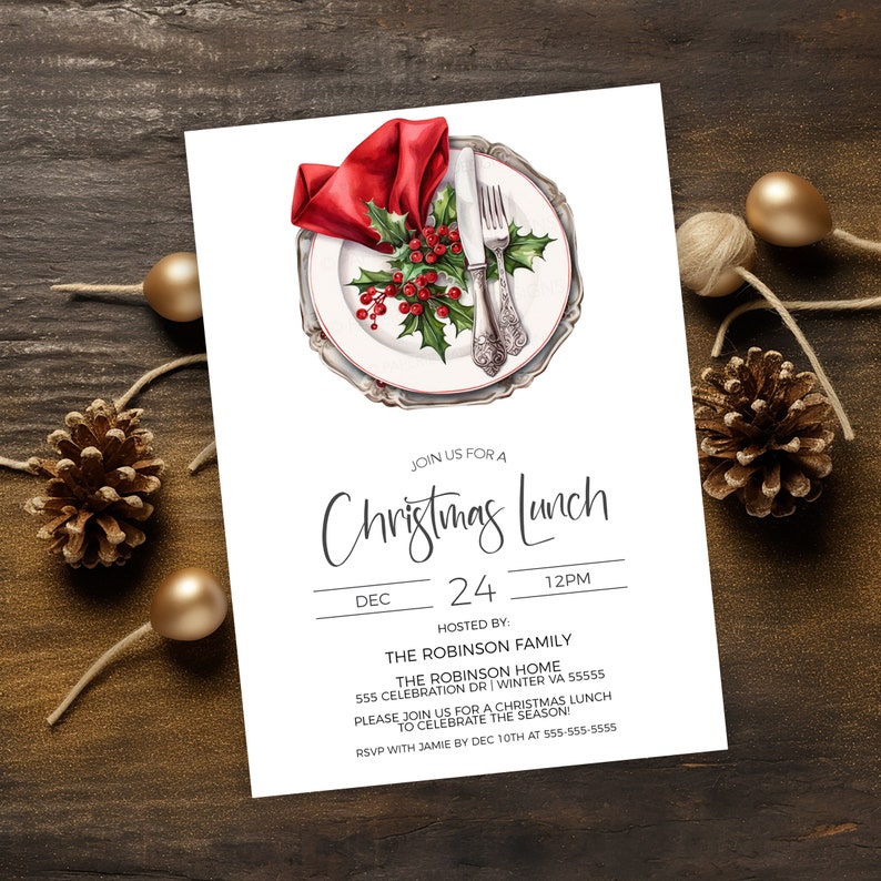 May include: A Christmas lunch invitation featuring a red napkin, silver cutlery, and holly berries on a white plate. The invitation reads "Join us for a Christmas Lunch" with the date "Dec 24" and time "12PM". It also includes the host's name, address, and RSVP details.