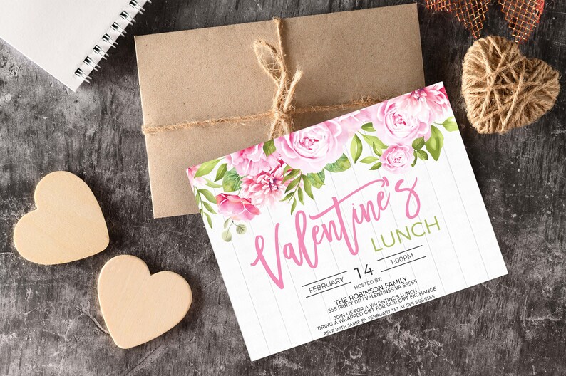 May include: A pink and green floral design Valentine's Day lunch invitation with white woodgrain background. The text reads "Valentine's Lunch, February 14, 1:00PM, Hosted by The Robinson Family, SSS Party CR Valentines VA, Bring a wrapped gift for our lunch exchange, RSVP by February 12th at 555-555-5555."