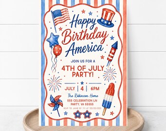 Inbjudan till 4 juli-fest, Grattis på födelsedagen Amerikansk BBQ-fest, Patriotisk grillfestinbjudan, Röd Vit och Blå