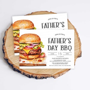 May include: Invitation to a Father's Day BBQ with a watercolor illustration of a cheeseburger. The invitation includes the date, time, and location of the event.  Join us for a Father's Day BBQ, June 15, SPM, To Celebrate Our Favorite Father's, The Robinson's Home, 515 Cheeseburger or Lager VA 55555.