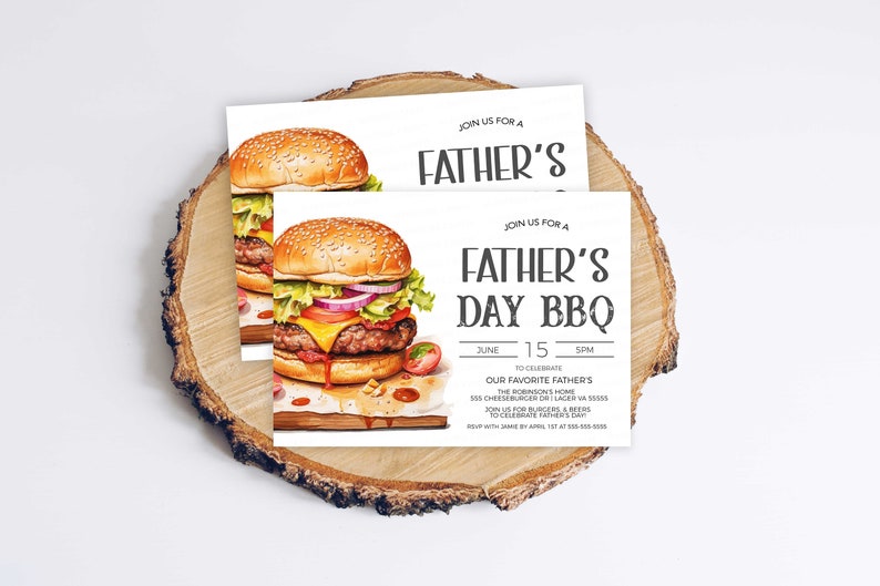 May include: Invitation to a Father's Day BBQ with a watercolor illustration of a cheeseburger. The invitation includes the date, time, and location of the event.  Join us for a Father's Day BBQ, June 15, SPM, To Celebrate Our Favorite Father's, The Robinson's Home, 515 Cheeseburger or Lager VA 55555.