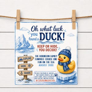Op de afbeelding: Een grillige aquarelprint met een gele badeend met een blauwe hoed en sjaal, zittend op een ijsberg. De print bevat de tekst "Oh what luck you found a DUCK!" en instructies voor een social media campagne.
