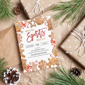May include: A Christmas party invitation with a gingerbread cookie theme. The invitation features a watercolor illustration of gingerbread cookies, candy canes, and red bows. The text on the invitation reads "Baking Spirits Bright" and includes the date, time, and location of the party.