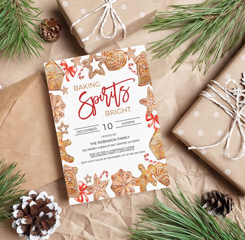 May include: A Christmas party invitation with a gingerbread cookie theme. The invitation features a watercolor illustration of gingerbread cookies, candy canes, and red bows. The text on the invitation reads "Baking Spirits Bright" and includes the date, time, and location of the party.