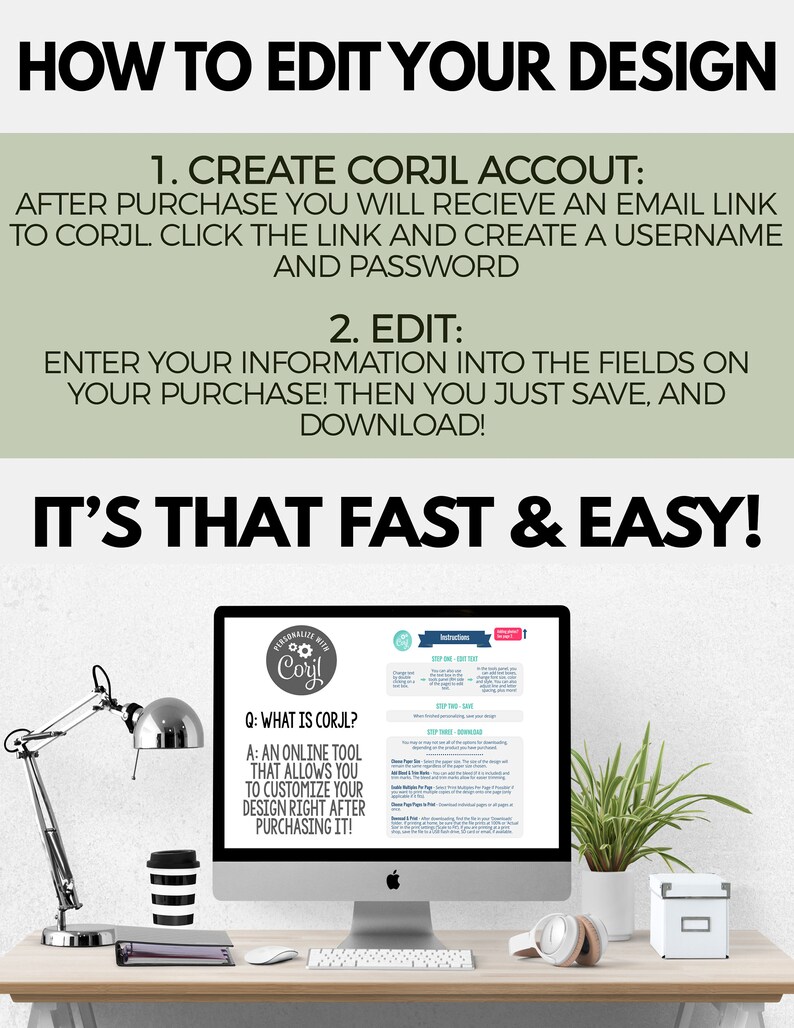 May include: A computer screen displaying instructions on how to edit a design using the Corjl website. The text on the screen reads "Personalize with Corjl" and "Q: What is Corjl? A: An online tool that allows you to customize your design right after purchasing it!"