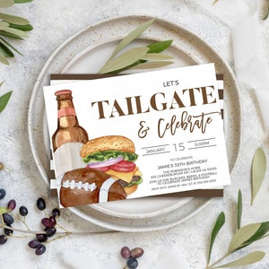 May include: A white invitation card with brown text that reads "Let's Tailgate & Celebrate". The card features a watercolor illustration of a beer bottle, a hamburger, and a football. The text on the card includes the date, time, and occasion: "January 15, 5:00PM, Jamie's 35th Birthday".