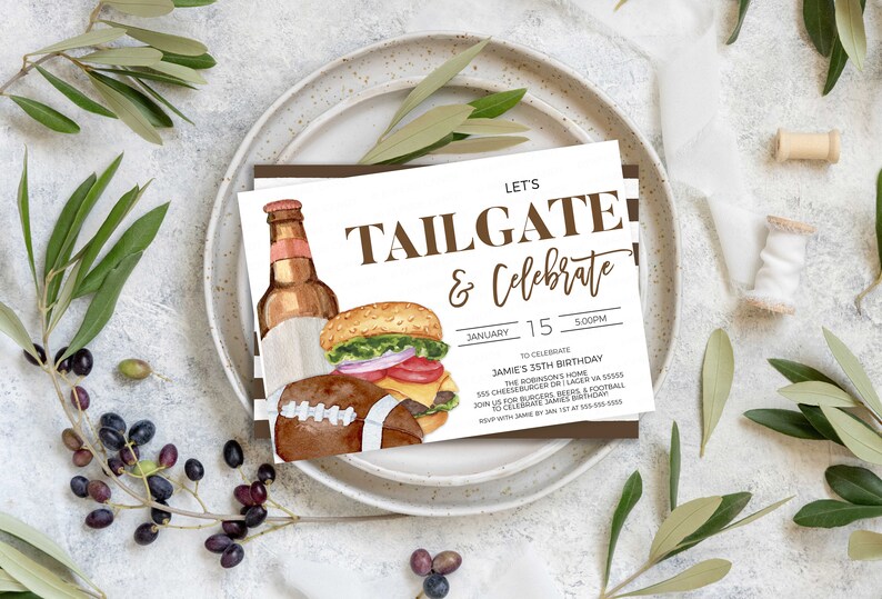 May include: A white invitation card with brown text that reads "Let's Tailgate & Celebrate". The card features a watercolor illustration of a beer bottle, a hamburger, and a football. The text on the card includes the date, time, and occasion: "January 15, 5:00PM, Jamie's 35th Birthday".