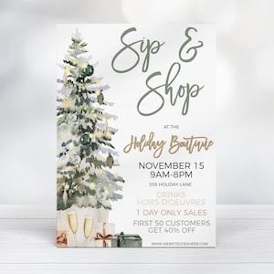 Puede incluir: Una ilustración de acuarela de un árbol de Navidad con regalos y copas de champán. El texto dice "Sip & Shop at the Holiday Boutique, November 15, 9AM-8PM, 555 Holiday Lane, Drinks, Hors d'oeuvres, 1 Day Only Sales, First 50 Customers Get 40% Off, www.websitegoeshere.com".