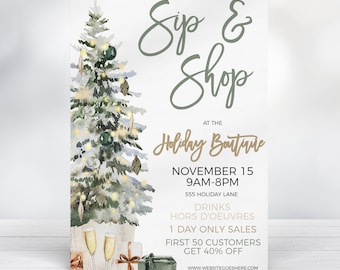 May include: A watercolour illustration of a Christmas tree with presents and champagne glasses. The text reads "Sip & Shop at the Holiday Boutique, November 15, 9AM-8PM, 555 Holiday Lane, Drinks, Hors d'oeuvres, 1 Day Only Sales, First 50 Customers Get 40% Off, www.websitegoeshere.com".
