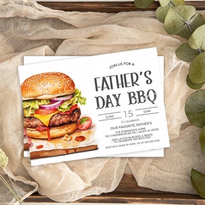 May include: Invitation to a Father's Day BBQ with a watercolor illustration of a juicy burger. The invitation includes the date, time, and location of the event. RSVP by April 1st at 555-555-5555.