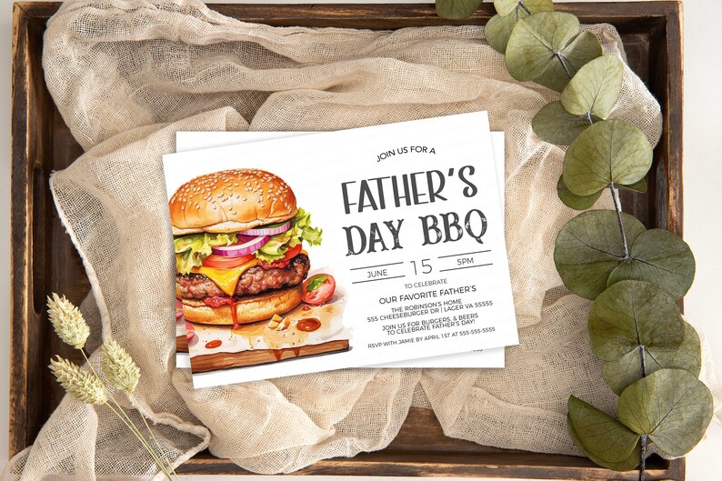 May include: Invitation to a Father's Day BBQ with a watercolor illustration of a juicy burger. The invitation includes the date, time, and location of the event. RSVP by April 1st at 555-555-5555.