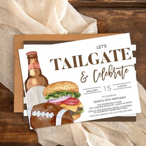 May include: A white invitation card with brown text that reads "Let's Tailgate & Celebrate". The card features a watercolor illustration of a beer bottle, a hamburger, and a football. The text also includes the date "January 15" and the time "5:00PM".