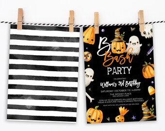 May include: A black and orange Halloween party invitation with a watercolor illustration of pumpkins, ghosts, and candy. The text reads "Boo Bash Party Celebrating William's 3rd Birthday".