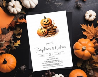 Halloween Pumpkin And Cookies Party Invitation, Jack-o-lantern Painting Carving Party Invite, Cookie Decorating, Digital Editable Printable