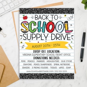 School Supply Drive Flyer, Printable Editable PTO PTA Flyer, Supplies Donations Fundraiser Poster, Back To School Invite, Supply Donation