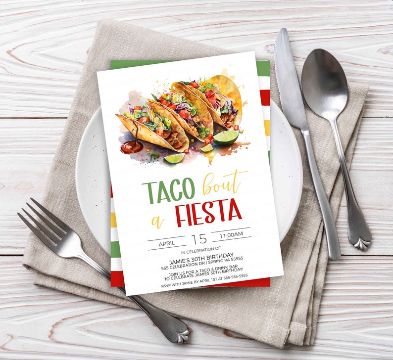 Puede incluir: Una invitaci&oacute;n colorida para una fiesta Taco Bout a Fiesta. La invitaci&oacute;n presenta una ilustraci&oacute;n de acuarela de tres tacos con ingredientes, gajos de lima y un chorrito de salsa roja. El texto de la invitaci&oacute;n dice "Taco Bout a Fiesta", "Abril 15", "11:00 AM", "En Celebraci&oacute;n del 30 cumplea&ntilde;os de Jamie", "555 Celebration Dr/Spring VA 55555", "&Uacute;nete a nosotros para un bar de tacos y bebidas para celebrar el 30 cumplea&ntilde;os de Jamie", y "RSVP con Jamie antes del 1 de abril al 555-555-5555".