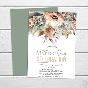 May include: A watercolour floral design invitation for a Mother's Day celebration. The invitation is for 15th May at 11 AM, hosted by the Robinson family at 555 Celebration Drive, Spring, VA 55555. RSVP with Jamie by 1st May at 555-555-5555.