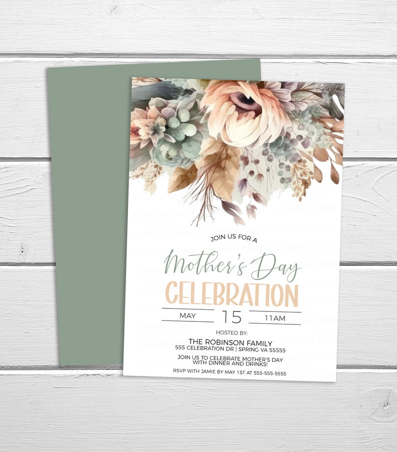 May include: A watercolour floral design invitation for a Mother's Day celebration. The invitation is for 15th May at 11 AM, hosted by the Robinson family at 555 Celebration Drive, Spring, VA 55555. RSVP with Jamie by 1st May at 555-555-5555.