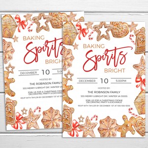 May include: A white invitation with a red and gold border of gingerbread cookies. The text reads "Baking Spirits Bright" with the date "December 10" and time "5:00 PM". The invitation is for a Christmas cookie decorating party and exchange hosted by The Robinson Family at 555 Merry & Bright Dr, Winter VA 55555. RSVP with Taylor by December 1st at 555-555-5555.
