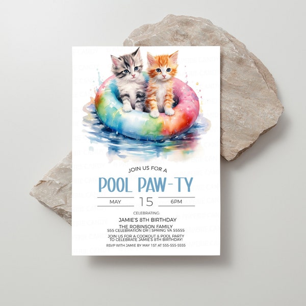 Cat Pool Party Invitation, Kitten Pawty Invite, Kittens Cats Birthday Party, Let's Pawty, Calling All Pawty Animals, Editable Printable