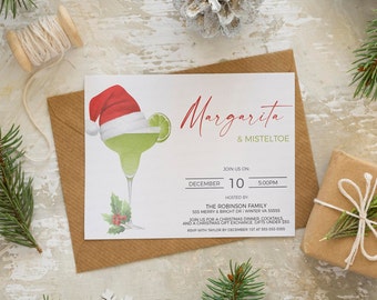 Redigerbar Margarita och mistelfestinbjudan, inbjudan till cocktailparty för högtider, vuxenfest för jul, utskrivbar presentbyte