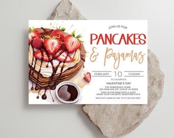 May include: Invitation to a Pancakes & Pajamas party on February 10th at 10:00 AM. The invitation features a colorful illustration of a stack of pancakes with chocolate sauce, whipped cream, and strawberries. The text "JOIN US FOR PANCAKES & PAJAMAS" is in red and gold.