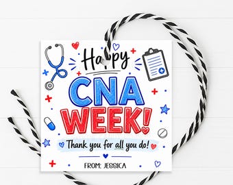 CNA-uppskattningspresentetikett, utskrivbar etikett för glad CNA-uppskattningsvecka, tack till certifierad undersköterska