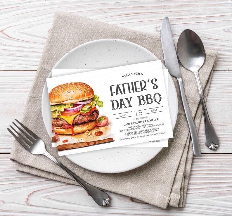 May include: A white invitation card with a watercolor illustration of a hamburger. The text on the card reads "Join us for a Father's Day BBQ" with the date and time of the event.