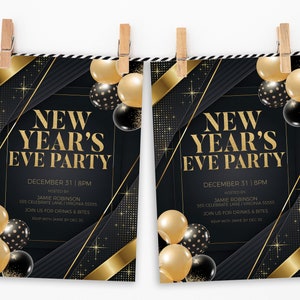 Pode incluir: Convite para uma festa de Ano Novo em preto e dourado com confete dourado e bal&otilde;es. O convite diz "Festa de Ano Novo" com a data "31 de dezembro / 20h00" e o nome do anfitri&atilde;o "Jamie Robinson".