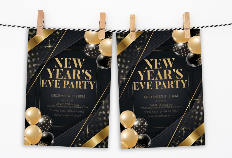 Pode incluir: Convite para uma festa de Ano Novo em preto e dourado com confete dourado e bal&otilde;es. O convite diz "Festa de Ano Novo" com a data "31 de dezembro / 20h00" e o nome do anfitri&atilde;o "Jamie Robinson".