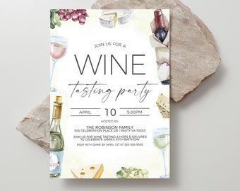 Puede incluir: Una ilustración de acuarela de una invitación a una cata de vinos con uvas, queso, botellas de vino y vasos. La invitación dice "Join us for a Wine Tasting Party" con la fecha y la hora del evento. El texto también incluye el nombre del anfitrión y su información de contacto.