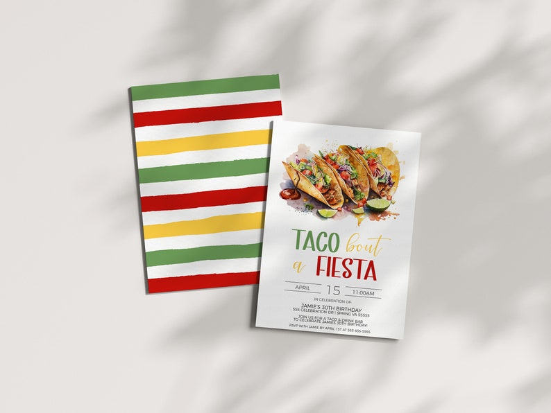 Puede incluir: Una invitaci&oacute;n colorida para una fiesta Taco Bout a Fiesta. La invitaci&oacute;n presenta una ilustraci&oacute;n de acuarela de tacos y el texto "Taco Bout a Fiesta" en letras verdes y amarillas. La invitaci&oacute;n tambi&eacute;n incluye la fecha, la hora y la ocasi&oacute;n: "15 de abril, 11:00 AM, En celebraci&oacute;n del 30 cumplea&ntilde;os de Jamie."