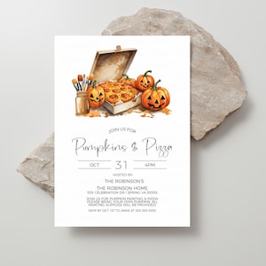 Pumpkin Painting And Pizza Party Invitation, Jack-o-lantern Painting Pizza Party Invite, Kids Halloween Party, Pumpkin Pizza School Editable