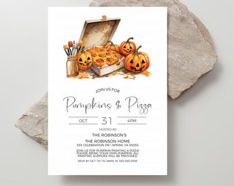May include: Invitation to a "Pumpkins & Pizza" party on October 31st at 4 PM. The party is hosted by The Robinson's at The Robinson Home, 555 Celebration Dr, Spring VA 55555. Guests are asked to bring their own pumpkin for painting. All painting supplies will be provided. RSVP by October 1st to Jamie at 555-555-5555.