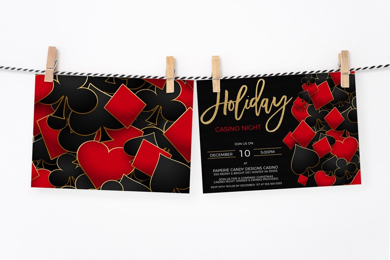 May include: A black and red invitation with gold accents for a Holiday Casino Night. The invitation features a design of playing card suits and the text "Holiday Casino Night". The date and time of the event are December 10th at 5:00 PM. The event is hosted by Paperie Candy Designs Casino.
