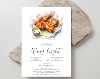 Inbjudan till vingkväll, inbjudan till kycklingvingar, buffalovingar, BBQ-vingar, hot wings, födelsedagsfest, killkväll, redigerbar utskrivbar mall