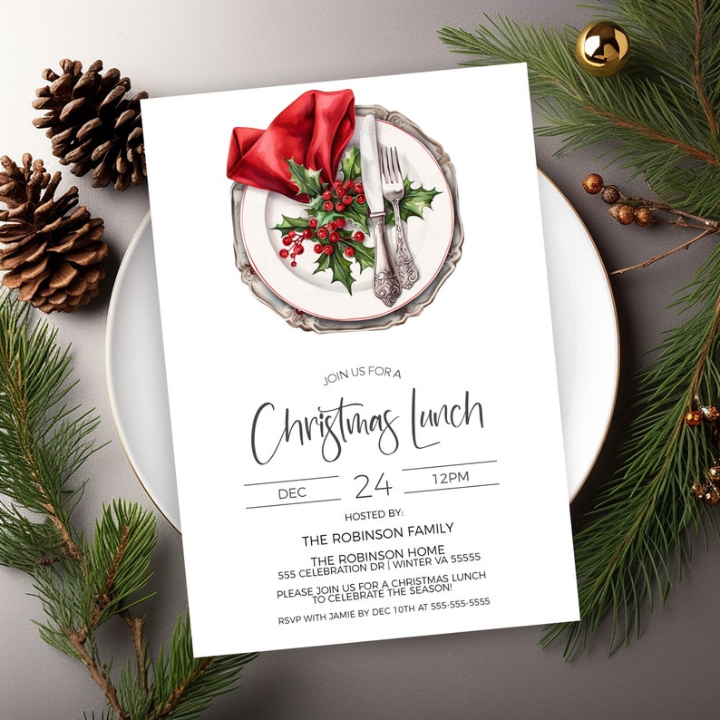 May include: A Christmas lunch invitation featuring a watercolour illustration of a place setting with a red napkin, silver cutlery, and holly berries. The text reads "Join us for a Christmas Lunch, Dec 24, 12PM, Hosted by: The Robinson Family, The Robinson Home, 555 Celebration Dr | Winter VA 55555, Please join us for a Christmas lunch to celebrate the season! RSVP with Jamie by Dec 10th at 555-555-5555."