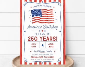 Redigerbar inbjudan till 250 år i USA, 4 juli-festinbjudan, utskrivbar mall