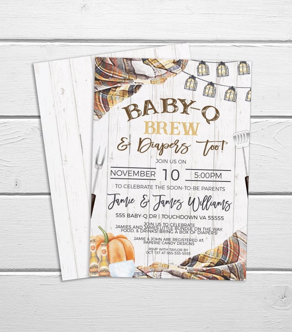 Fall BabyQ Brew Diaper Shower Invitation, Autumn BBQ Beer Diapers