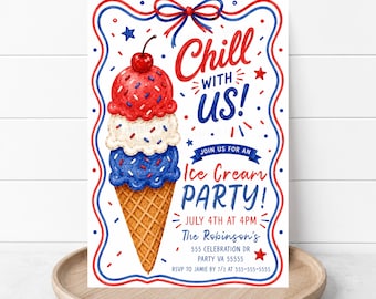 Inbjudan till glass för den 4 juli, Independence Day Chill With Us röd vit blå festinbjudan, redigerbar utskrivbar