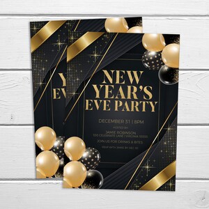 Pode incluir: Convite para uma festa de Ano Novo em preto e dourado com fita dourada e confete. O texto diz "Festa de Ano Novo" com a data e hora "31 de dezembro | 20h00".