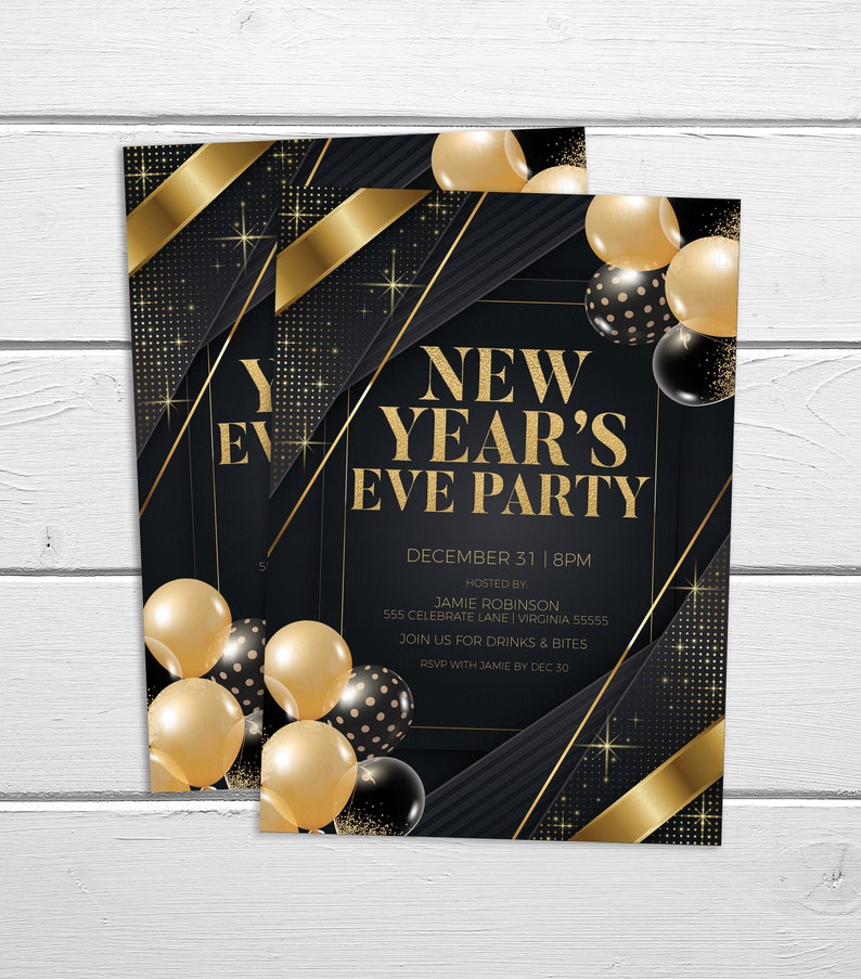 Pode incluir: Convite para uma festa de Ano Novo em preto e dourado com fita dourada e confete. O texto diz "Festa de Ano Novo" com a data e hora "31 de dezembro | 20h00".