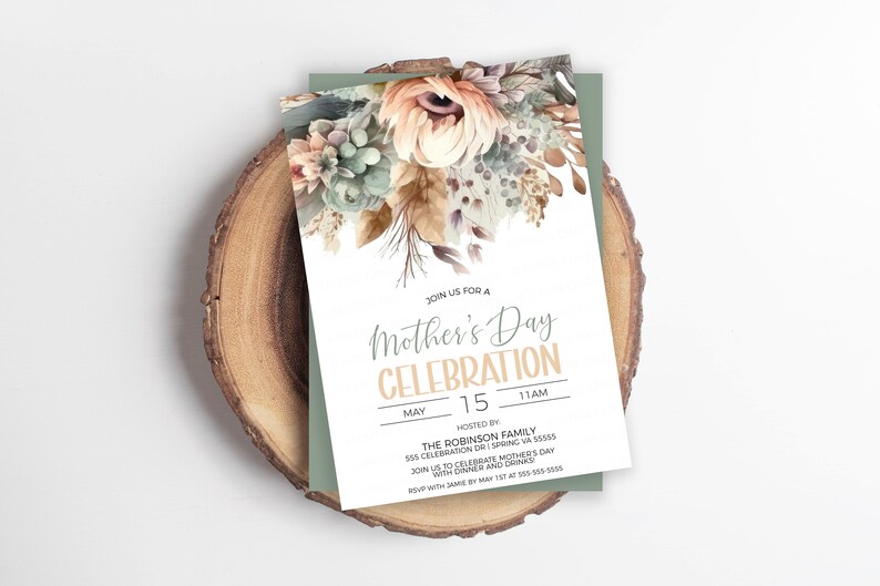 May include: A white invitation card with a floral design in shades of brown, green, and peach. The text reads "Join us for a Mother's Day Celebration, May 15, 11 AM, Hosted by The Robinson Family, 135 Celebration Dr, Spring VA 35353, Join us to celebrate Mother's Day with dinner and drinks."