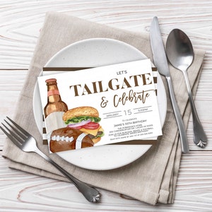 May include: A brown and white invitation with the text "Let's Tailgate & Celebrate" in brown text. The invitation is for a 35th birthday party and includes details about the date, time, location, and RSVP information.